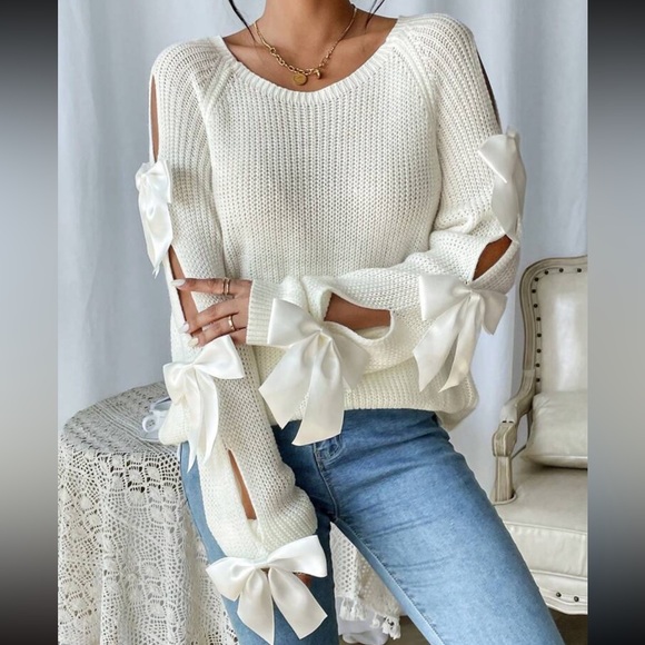 Classic Bow Cut Out Long Sleeve Sweater Top Holiday Christmas  Black - Picture 12 of 16